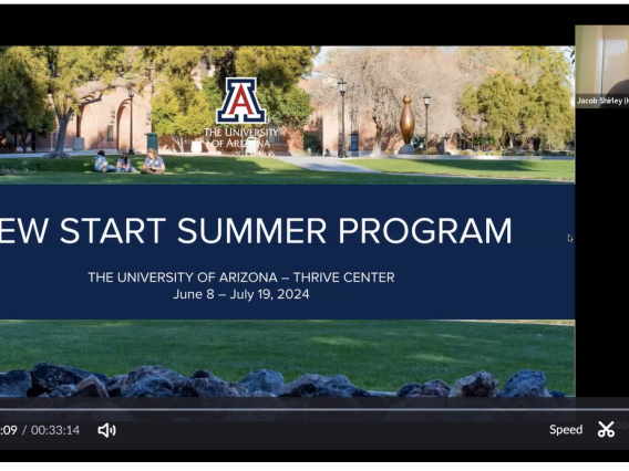 Image of a PowerPoint slide with the words "New Start Summer Program" and "June 8 to July 19, 2024" on top of an image of the west mall.
