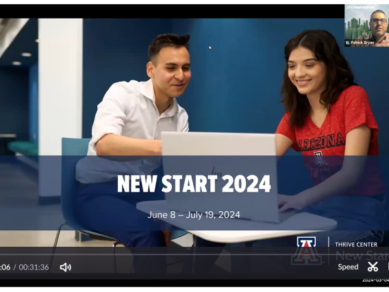 Background image with two students meeting and in foreground "New Start 2024."