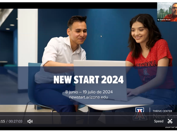 Powerpoint slide with image of two students talking at a table in the background and the words "New Start 2024" in the foreground.
