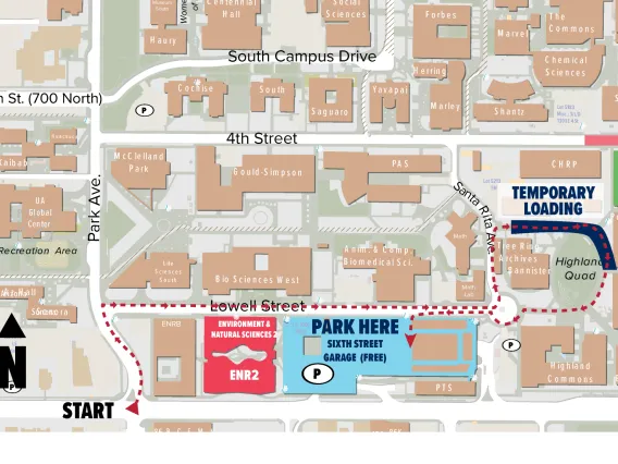 Map of campus with path to loading area and parking.