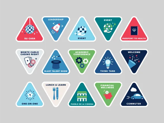 All New Start stickers: red su casa triangle, cobalt blue leadership triangle, light blue event triangle, teal event triangle, red passport to health triangle, gray monte carlo triangle, oasis blue blast talent show triangle, leaf green academic conference triangle, azurite blue think tank triangle, Arizona blue welcome triangle, sky blue one-on-one triangle, warm gray lunch and learn triangle, teal pueblo de la cienega triangle, leaf gree financial wellness triangle, Arizona blue commuter triangle.