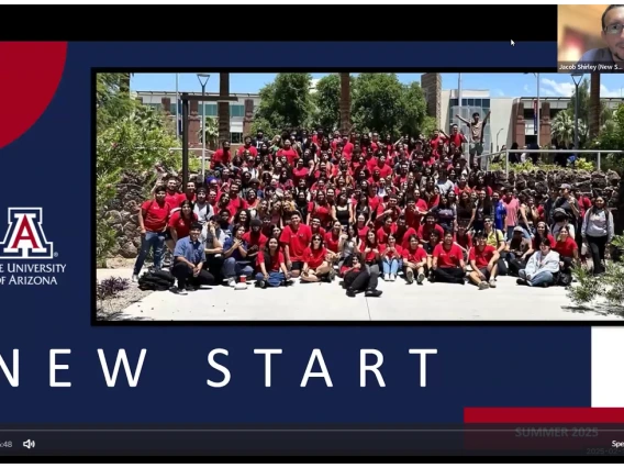 Image of first frame of a zoom recording.  Shows PowerPoint slide that has an image of all 2024 New Start students, the words New Start and the Block A and University of Arizona on a blue background.  Image of Jacob Shirly in top right corner, leading presentation.