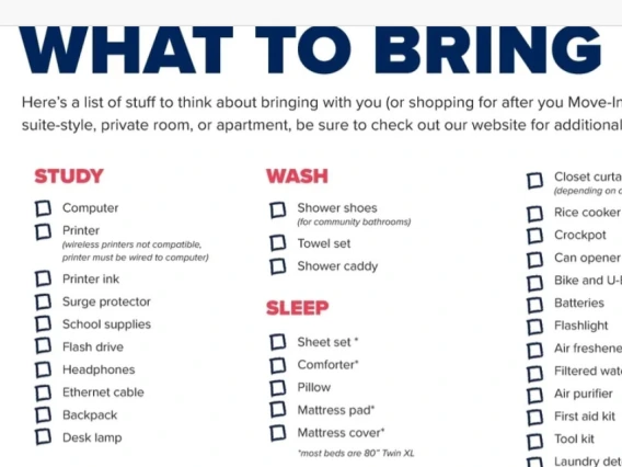 What to Bring in big bold letters, along with a snippet of a checklist of items to bring with categories like Study, Wash, Sleep.