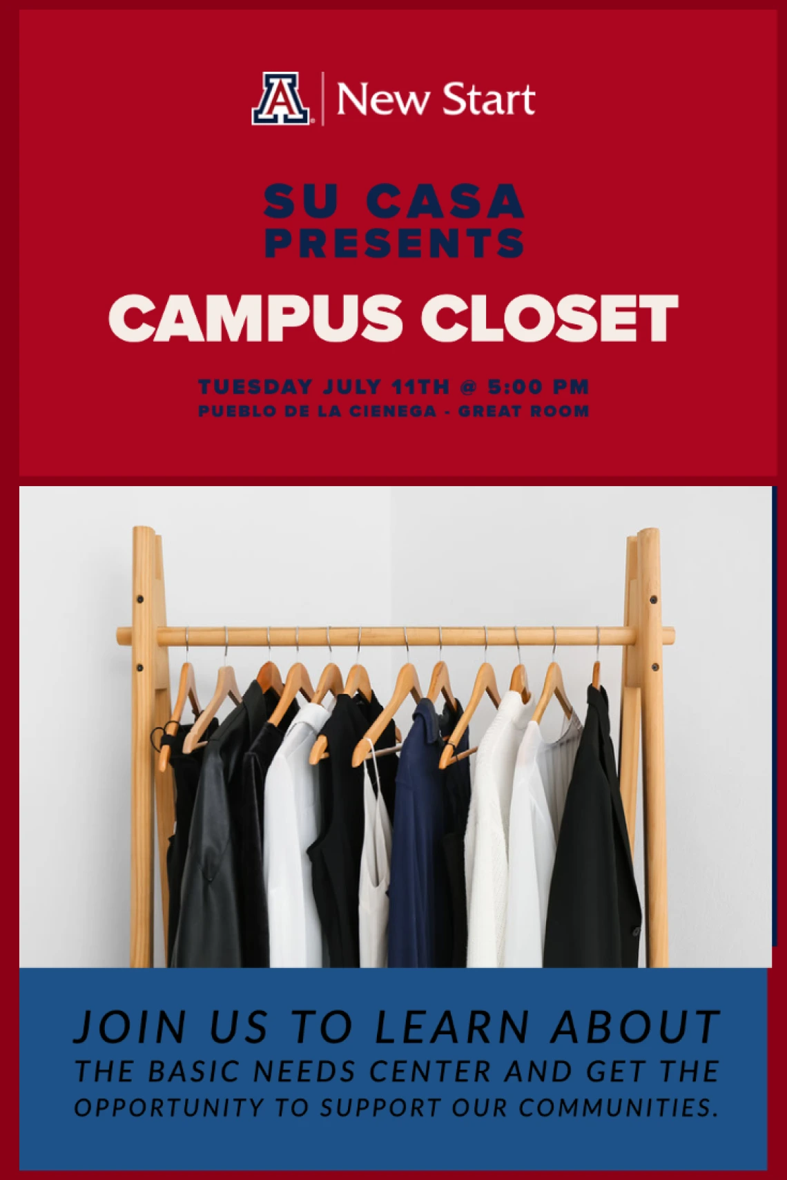 Su Casa Presents Campus Closet, Tuesday, July 11th @5:00pm in Pueblo De La Cienega Great Room. Image of a hanging rack with clothes on hangers.