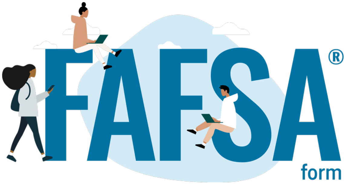 FAFSA form with illustrations of people on laptops around the letters and clouds in the background.