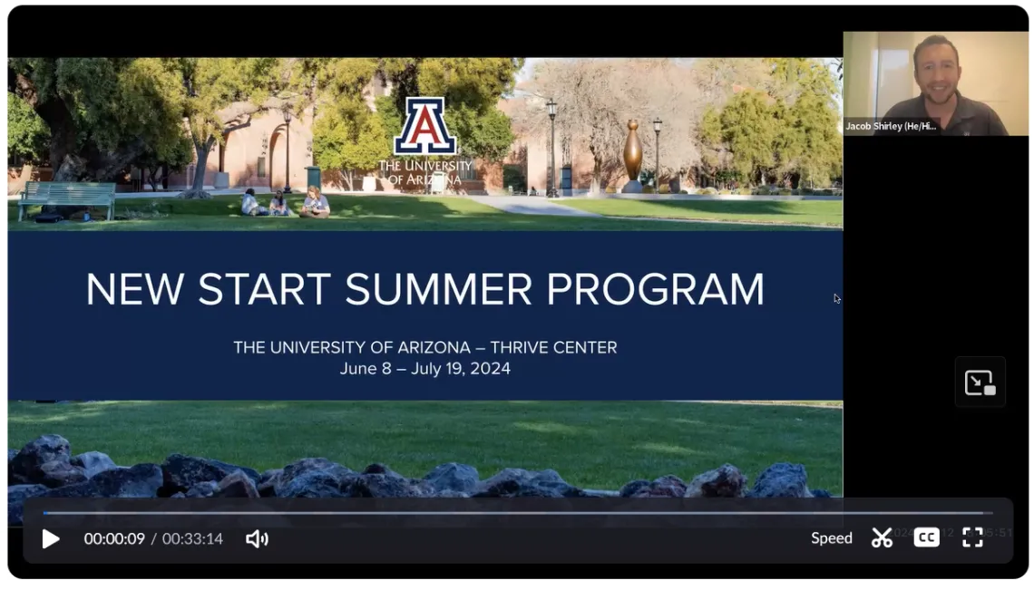 Image of a PowerPoint slide with the words "New Start Summer Program" and "June 8 to July 19, 2024" on top of an image of the west mall.