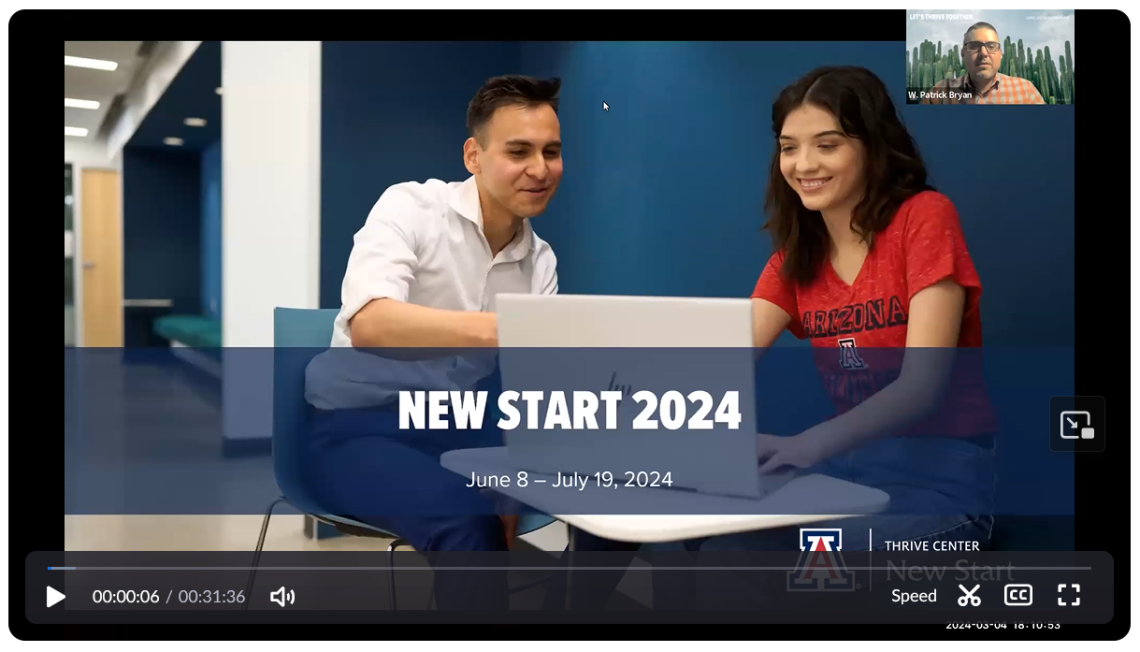 Background image with two students meeting and in foreground "New Start 2024."
