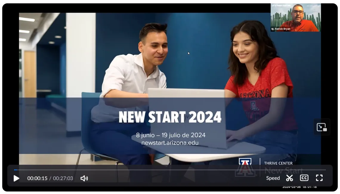 Powerpoint slide with image of two students talking at a table in the background and the words "New Start 2024" in the foreground.