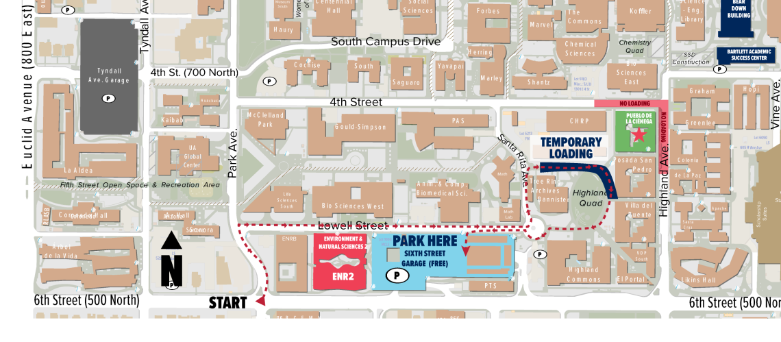 Map of campus with path to loading area and parking.