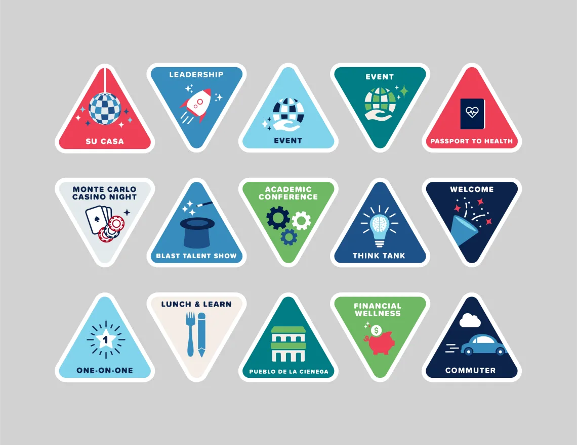 All New Start stickers: red su casa triangle, cobalt blue leadership triangle, light blue event triangle, teal event triangle, red passport to health triangle, gray monte carlo triangle, oasis blue blast talent show triangle, leaf green academic conference triangle, azurite blue think tank triangle, Arizona blue welcome triangle, sky blue one-on-one triangle, warm gray lunch and learn triangle, teal pueblo de la cienega triangle, leaf gree financial wellness triangle, Arizona blue commuter triangle.