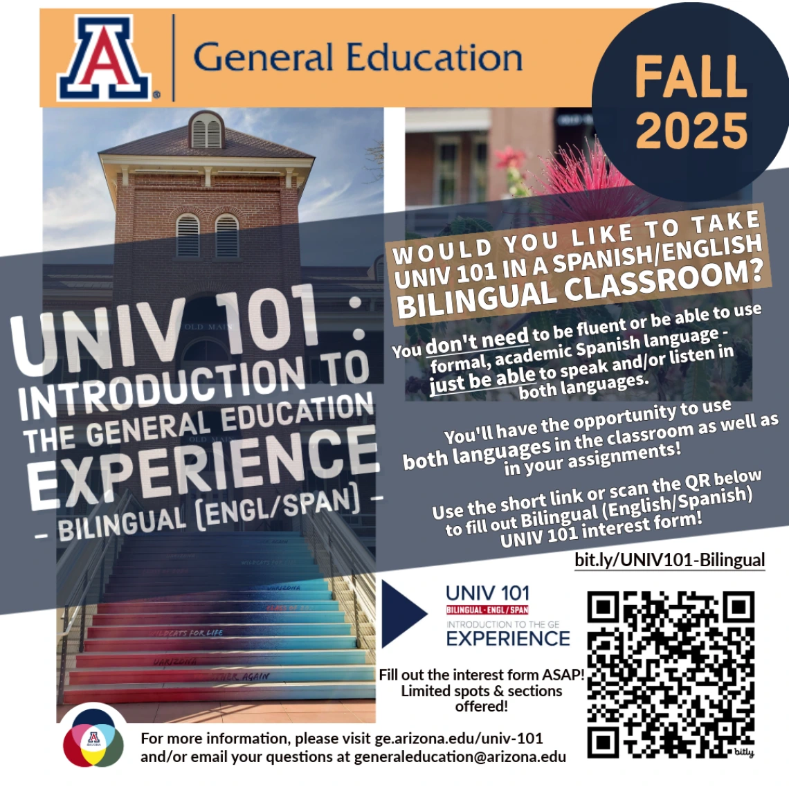 Are you a first-year undergraduate student at @uarizona? If the response is yes! Welcome to the Wildcats Nation!  Let me tell you that all undergraduate students, regardless their major, are required to complete the General Education Program: 32~ units total / 12~ courses approximately alongside with your major (and minor) courses (if applicable).  One of your first #GenEd courses will be UNIV 101 - Introduction to the General Education Experience! starting this Fall 2025!  Would you like to take UNIV 101 i
