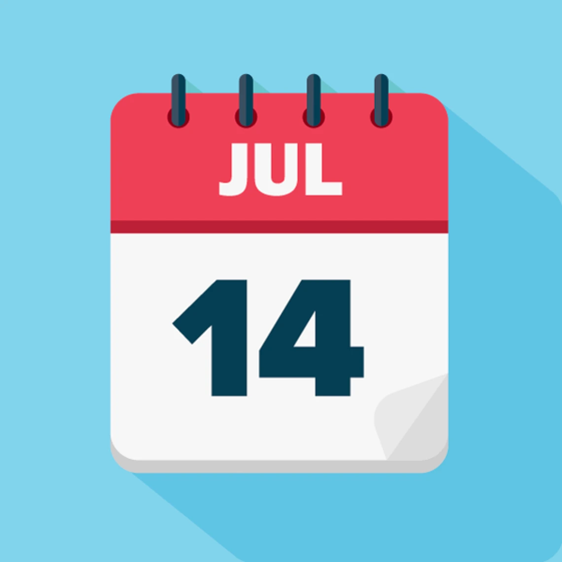 Illustration of a calendar that says "JUL 14" on a light blue background with a bloom red accent behind the month.