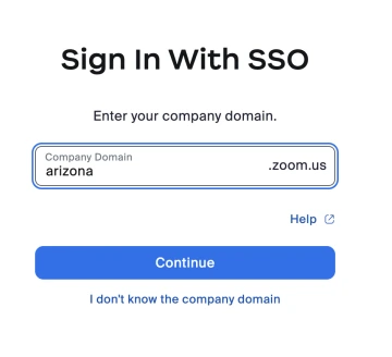 "Sign in with SSO" at top. Then "Enter your company domain." The field for company domain has the word "arizona" in lowercase entered. A continue button is at bottom.