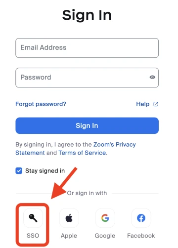 login screen for Zoom. Says "sign in" at top, with email address and password fields below and a "sign in" button. There is an SSO, Apple, Google and Facebook button at bottom.