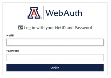 Arizona block A with the words "WebAuth" next to it. "Log in with your NetID and Password" and then a NetID field and a Password field followed by a login button.