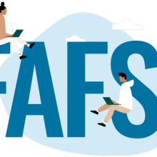 FAFSA form with illustrations of people on laptops around the letters and clouds in the background.