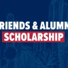 Blue background with light blue cactus outline illustrations.  Friends & Alumni Scholarship in bold, white letters.  Scholarship is surrounded by a crimson red box.