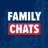 Blue background with light blue outline illustrations of cactus.  Words Family Chats in white, with chats surrounded by a crimson red box.